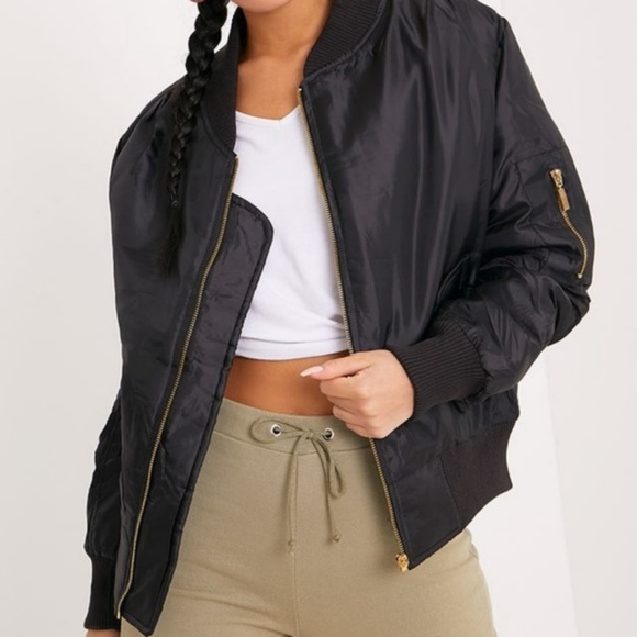Pretty Little Things Black Satiny Bomber jacket w/gold Zips sz Small NWOT - Picture 4 of 8